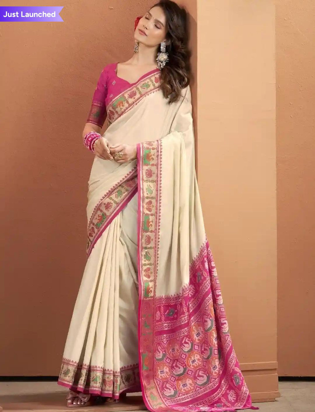 Beige Color Silk Saari With Rose Pink Embroidery And Rose Pink Blouse