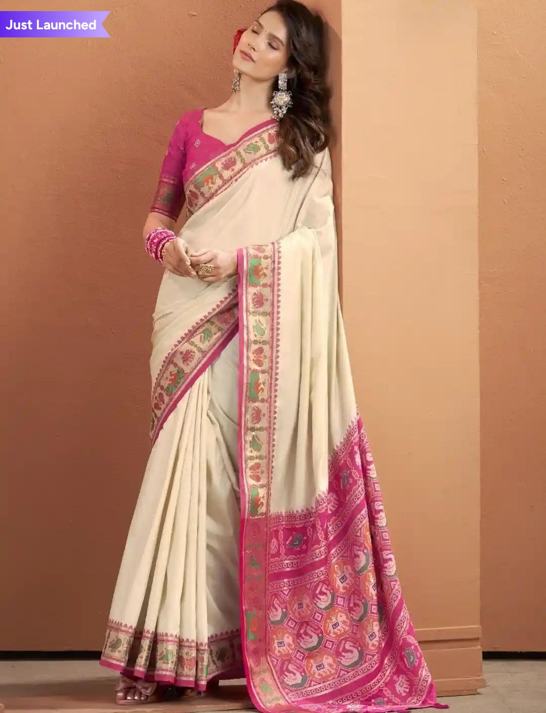 Beige Color Silk Saari With Rose Pink Embroidery And Rose Pink Blouse