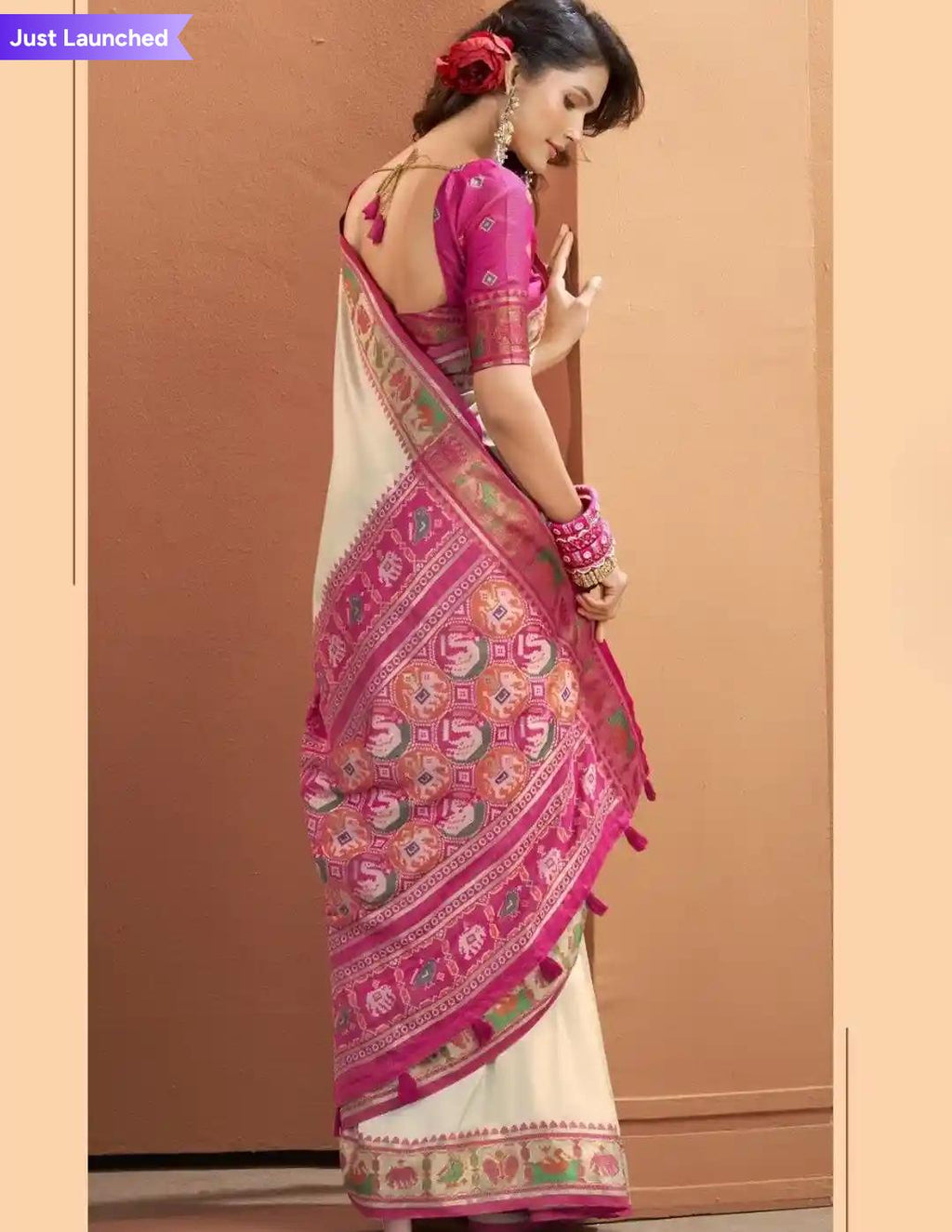 Beige Color Silk Saari With Rose Pink Embroidery And Rose Pink Blouse
