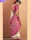 Beige Color Silk Saari With Rose Pink Embroidery And Rose Pink Blouse