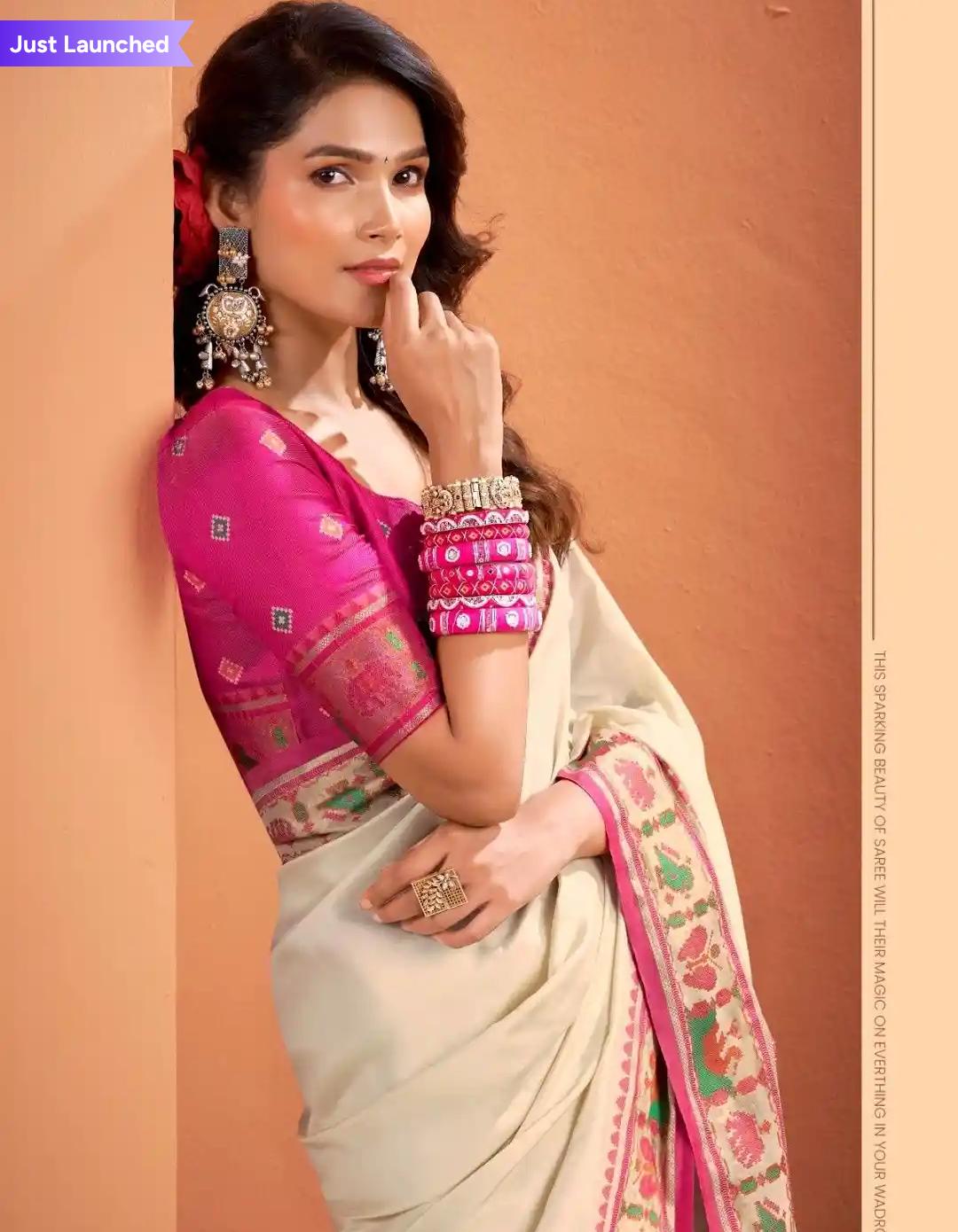 Beige Color Silk Saari With Rose Pink Embroidery And Rose Pink Blouse