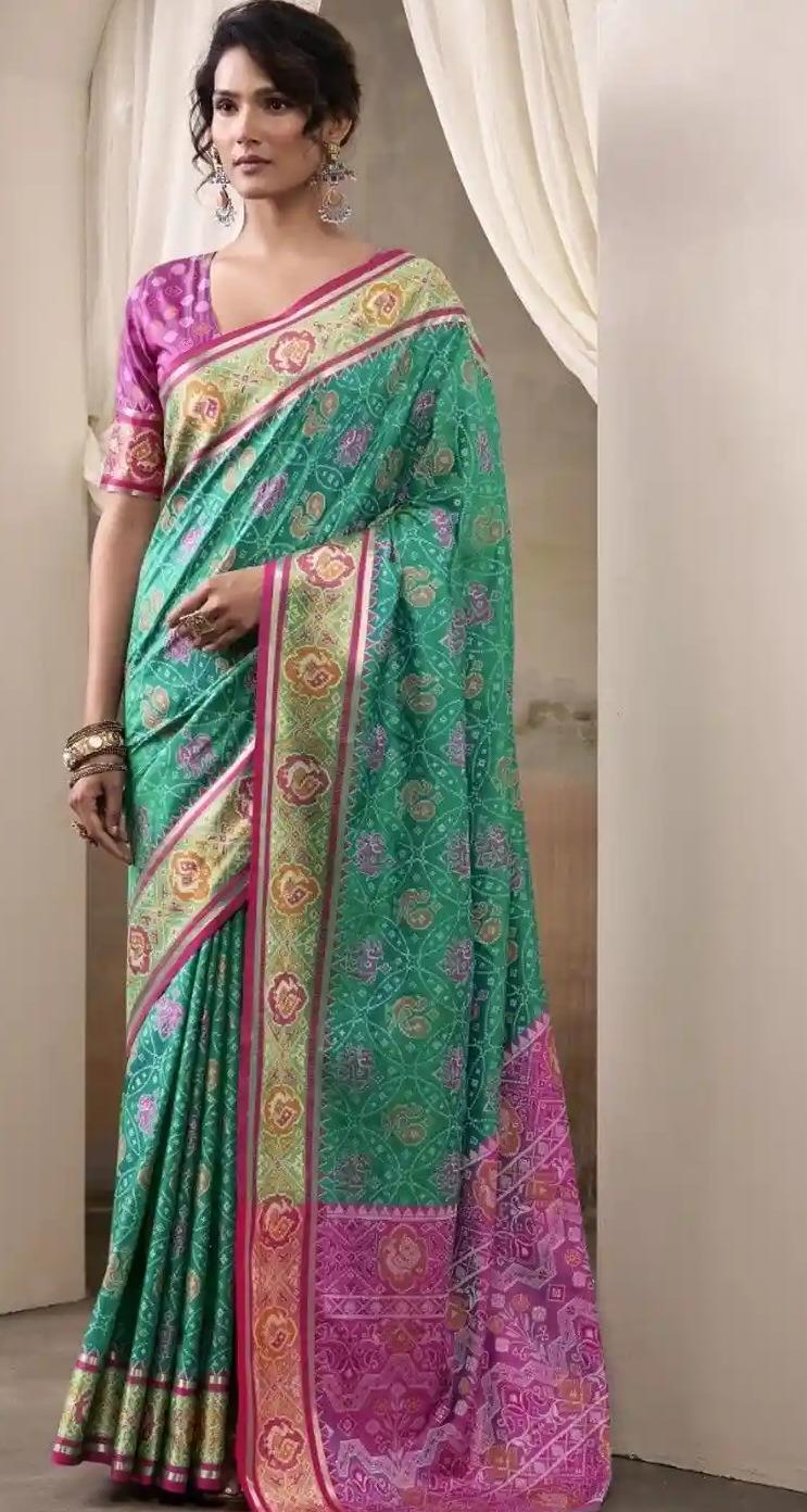 Green Saari With Multicolor Embroidery And Purple Purple Color Blouse
