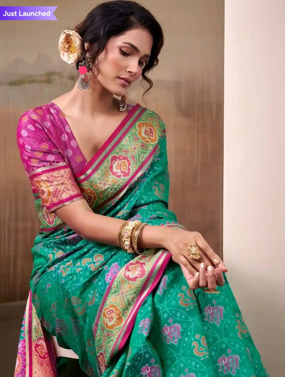 Green Saari With Multicolor Embroidery And Purple Purple Color Blouse