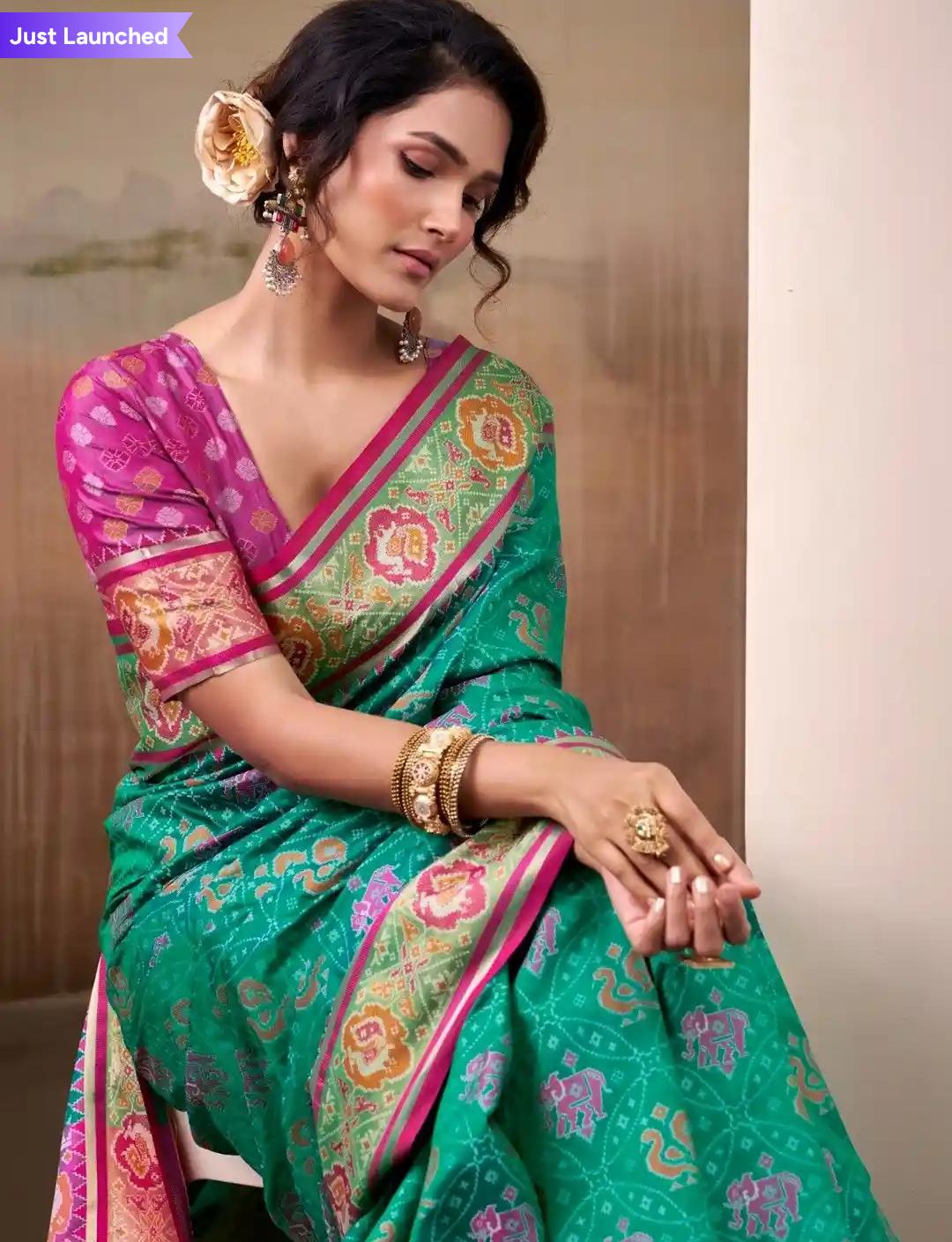 Green Saari With Multicolor Embroidery And Purple Purple Color Blouse