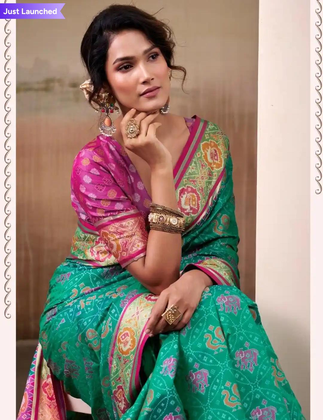 Green Saari With Multicolor Embroidery And Purple Purple Color Blouse